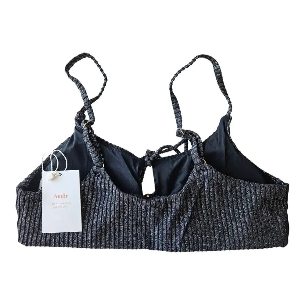 ANDIE Swim Women S The Waikiki Top Bikini Black Silver Sparkle Keyhole Tie NEW